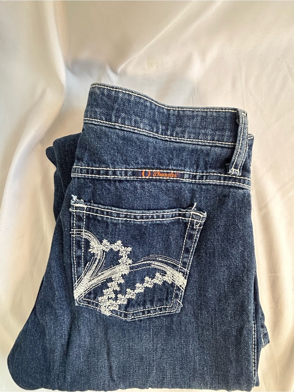 Wrangler Women's Dark Blue Boot Cut Jeans with White Floral Embroidery